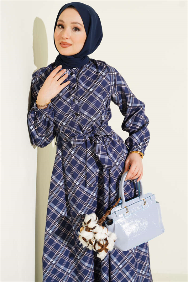 Half-Button Plaid Flared Dress Navy Blue