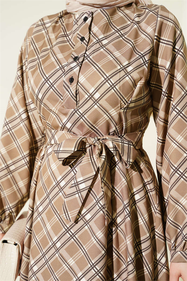 Half-Button Plaid Flared Dress Latte