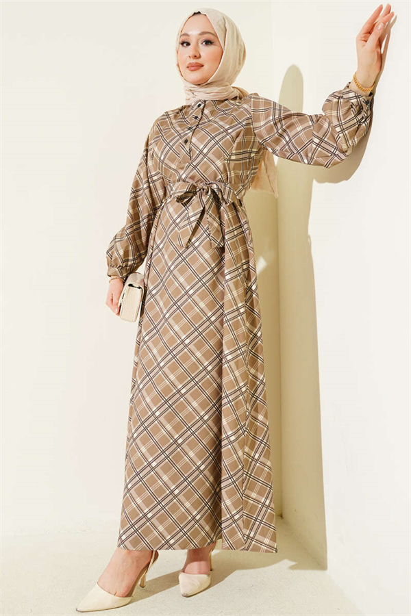 Half-Button Plaid Flared Dress Latte