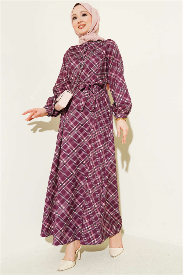 Half-Button Plaid Flared Dress, Plum
