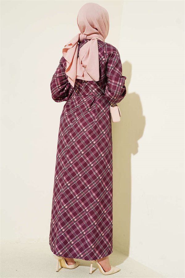 Half-Button Plaid Flared Dress, Plum