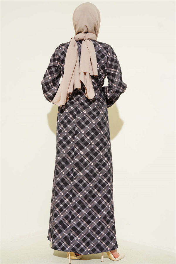 Half-Button Plaid Flared Dress, Black