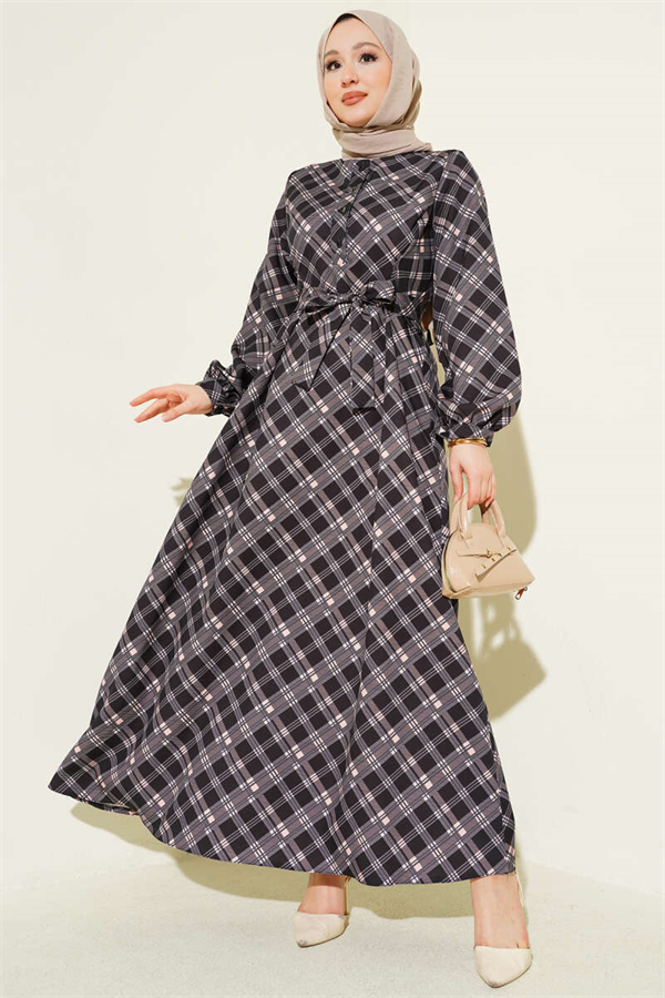 Half-Button Plaid Flared Dress, Black