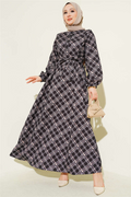 Half-Button Plaid Flared Dress, Black