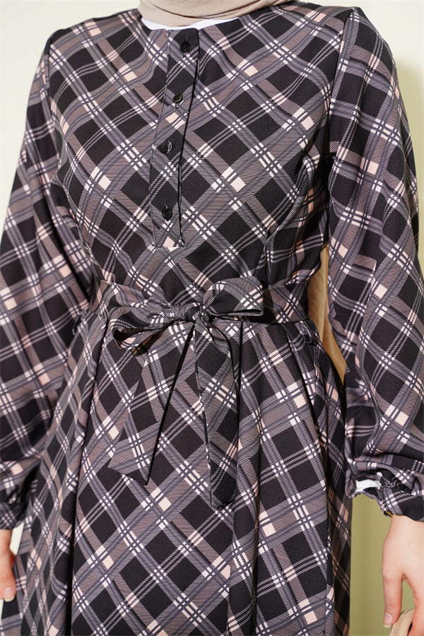 Half-Button Plaid Flared Dress, Black