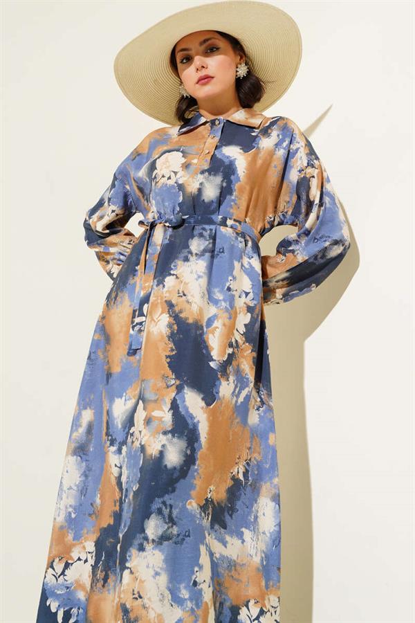 Half Button Brush Pattern Dress Camel