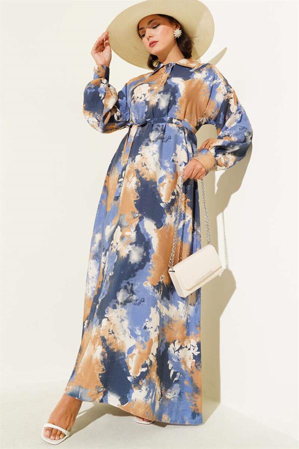 Half Button Brush Pattern Dress Camel