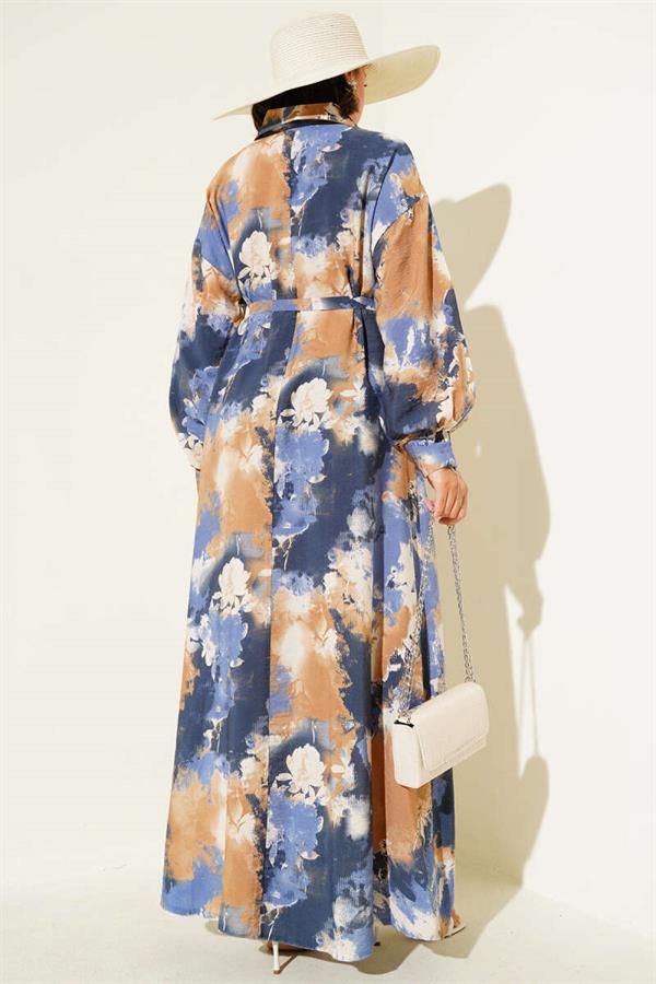 Half Button Brush Pattern Dress Camel
