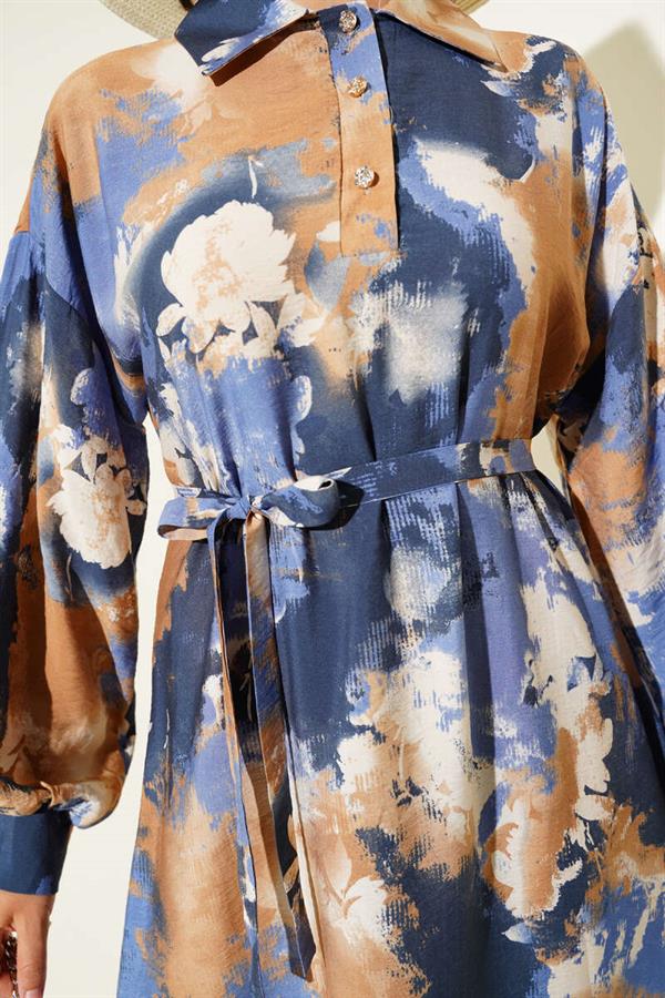 Half Button Brush Pattern Dress Camel