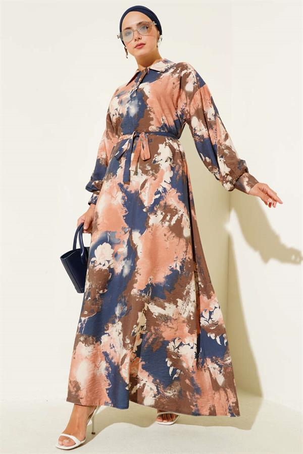 Half Button Brush Pattern Dress Dusty Rose