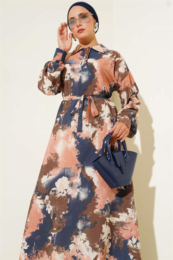 Half Button Brush Pattern Dress Dusty Rose