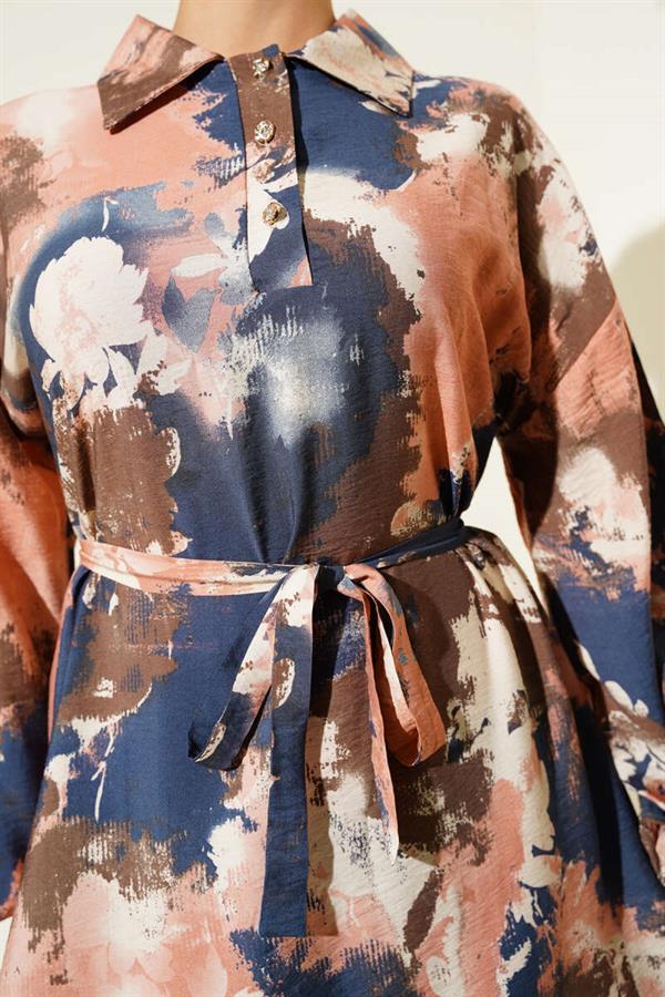 Half Button Brush Pattern Dress Dusty Rose