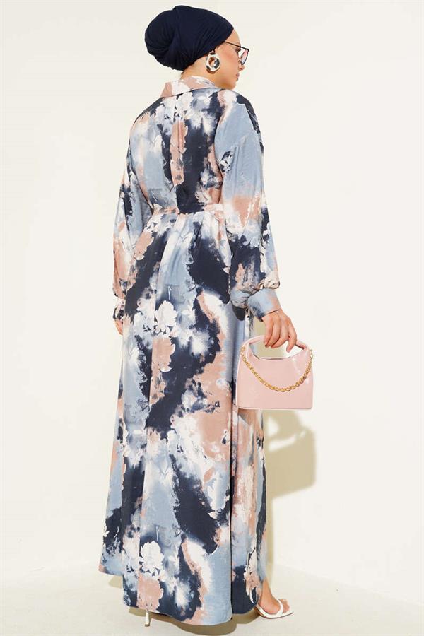 Half Button Brush Pattern Dress Blue