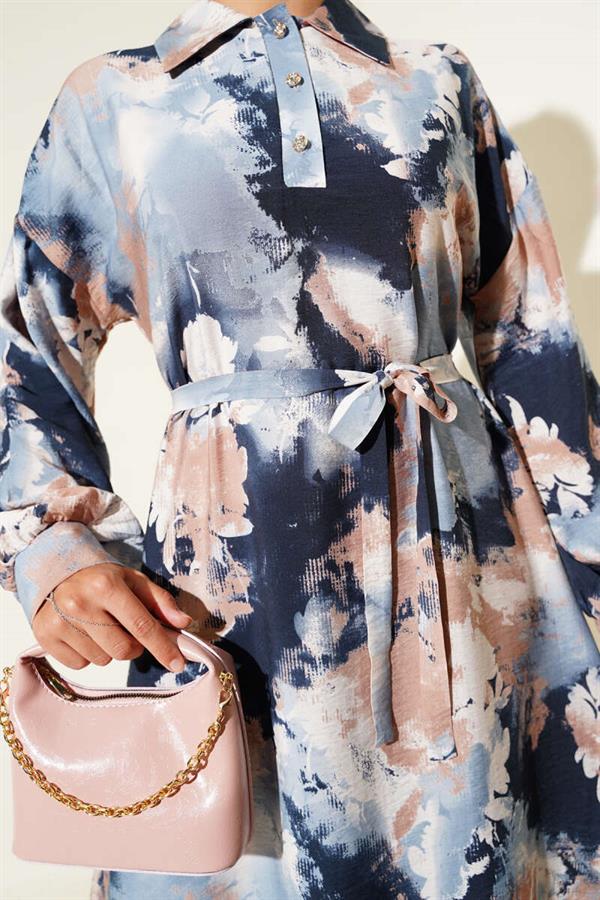 Half Button Brush Pattern Dress Blue
