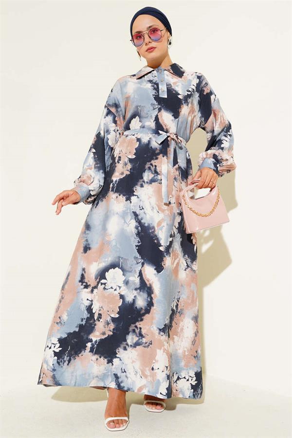 Half Button Brush Pattern Dress Blue
