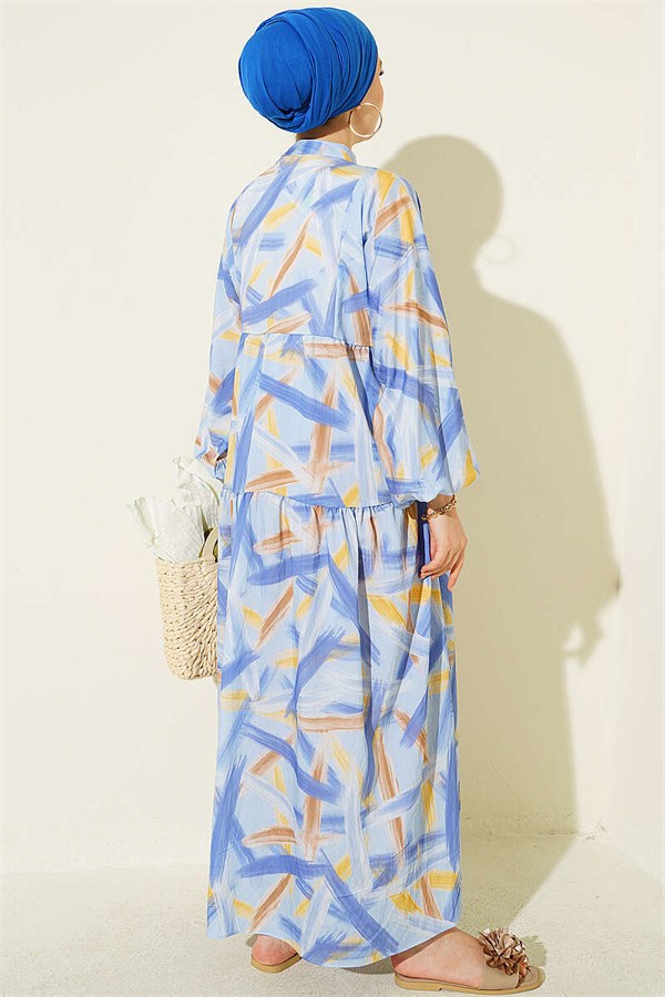 Half-Button Brush Pattern Dress Blue
