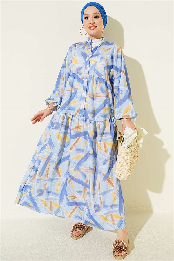 Half-Button Brush Pattern Dress Blue