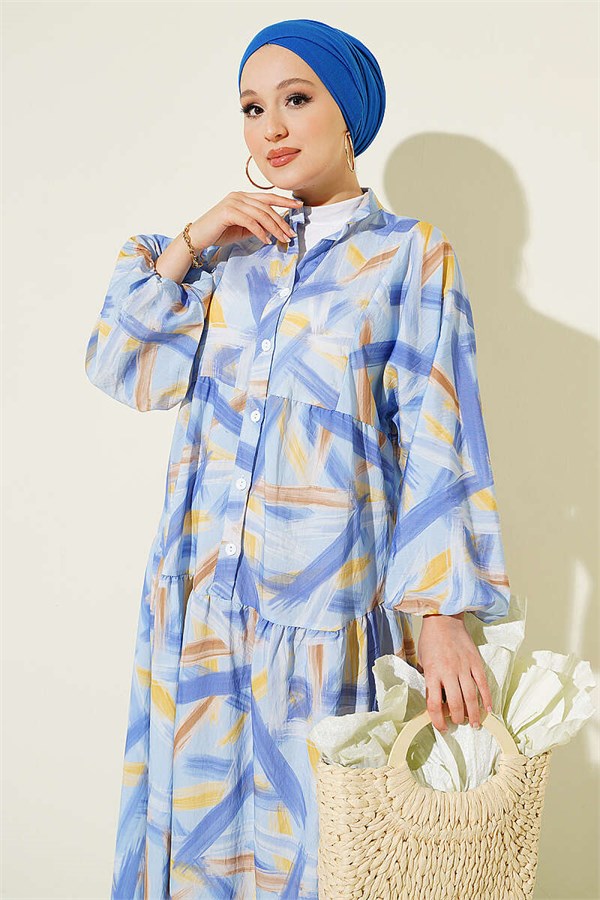 Half-Button Brush Pattern Dress Blue