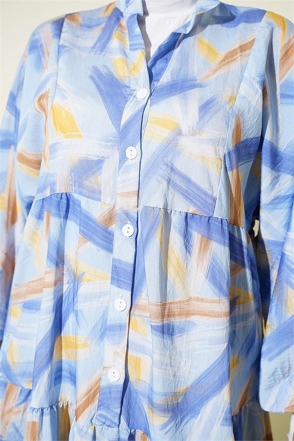 Half-Button Brush Pattern Dress Blue