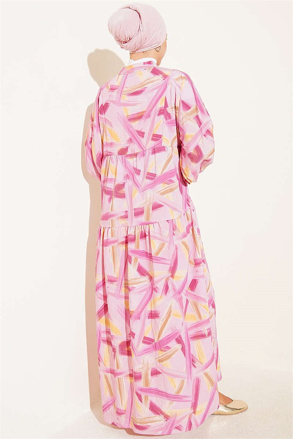 Half-Button Brush Pattern Dress Pink