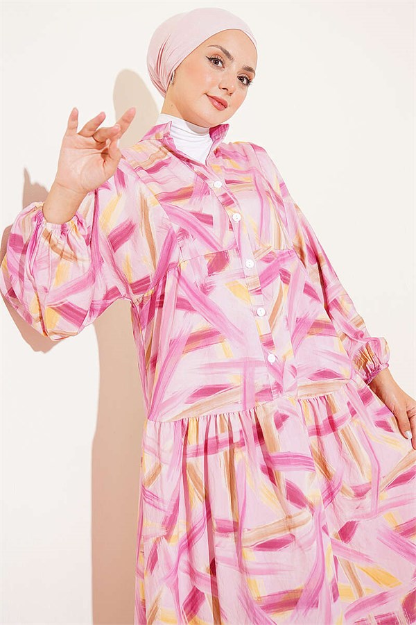 Half-Button Brush Pattern Dress Pink