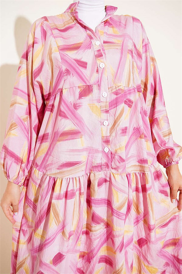 Half-Button Brush Pattern Dress Pink