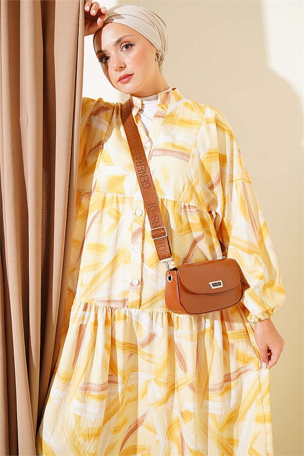Half-Button Brush Pattern Dress Yellow