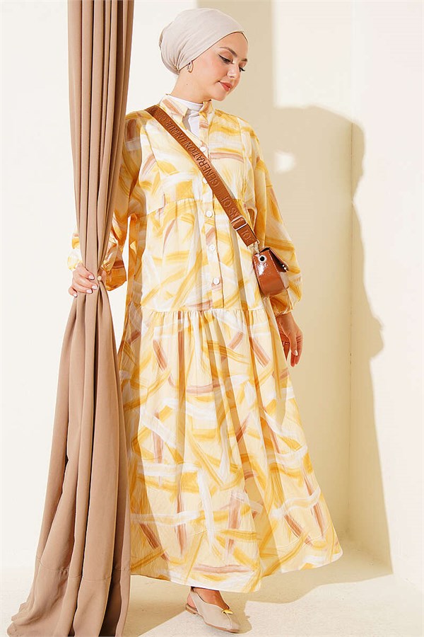 Half-Button Brush Pattern Dress Yellow