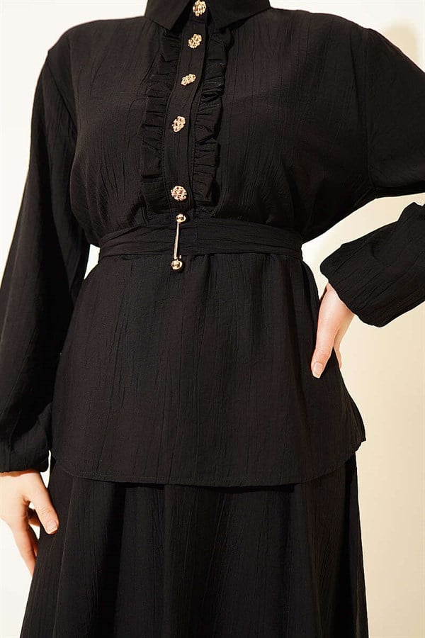 2 Piece Set with Half-Button Ruffled Skirt, Black