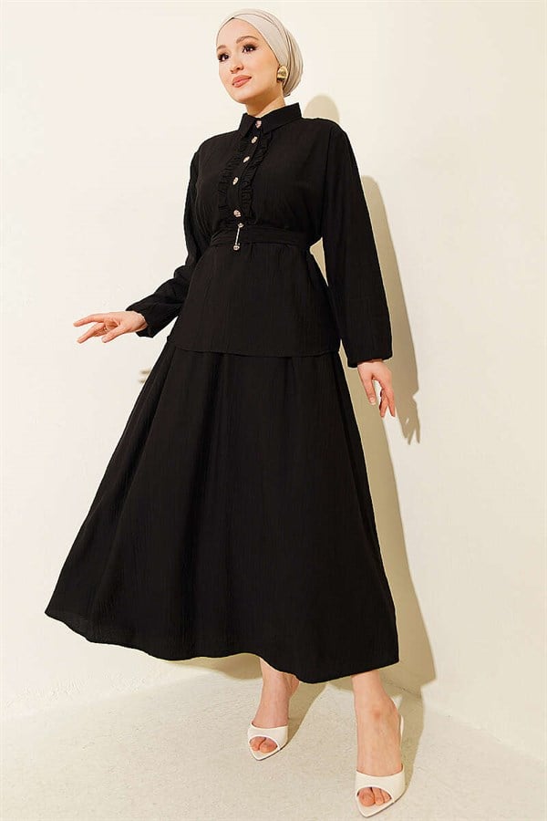 2 Piece Set with Half-Button Ruffled Skirt, Black