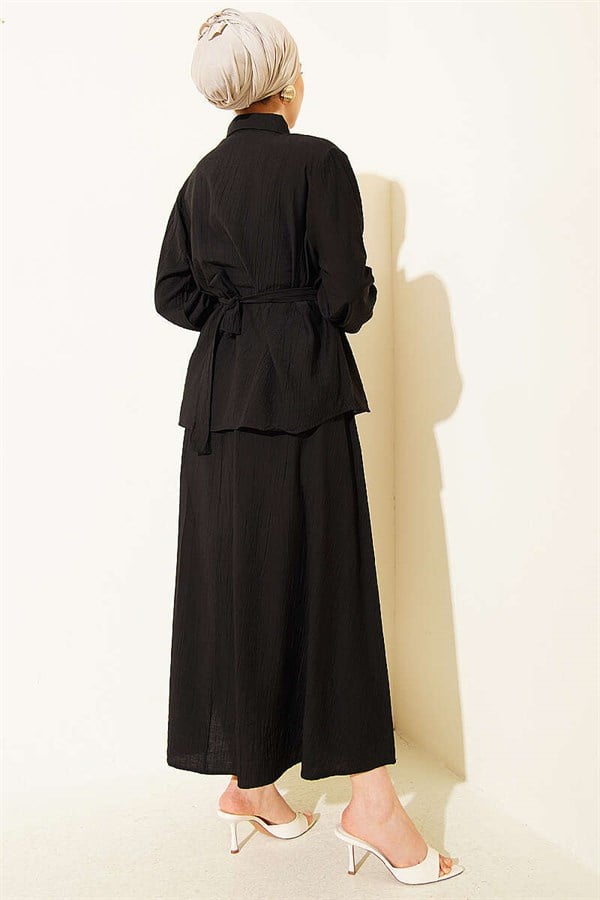 2 Piece Set with Half-Button Ruffled Skirt, Black