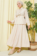 2 Piece Set with half-button ruffled skirt, beige.
