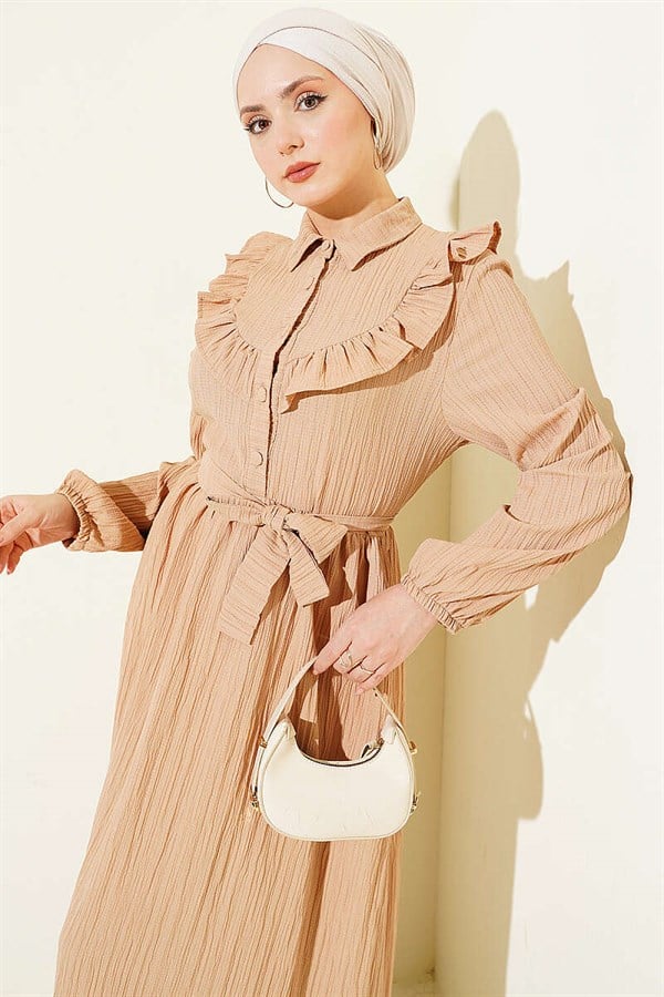 Half-Button Ruffled Crinkle Dress, Beige