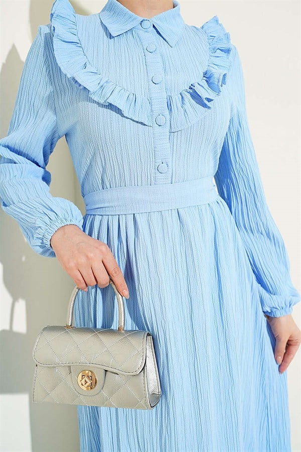 Half-Button Ruffled Crinkle Dress Baby Blue