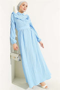 Half-Button Ruffled Crinkle Dress Baby Blue
