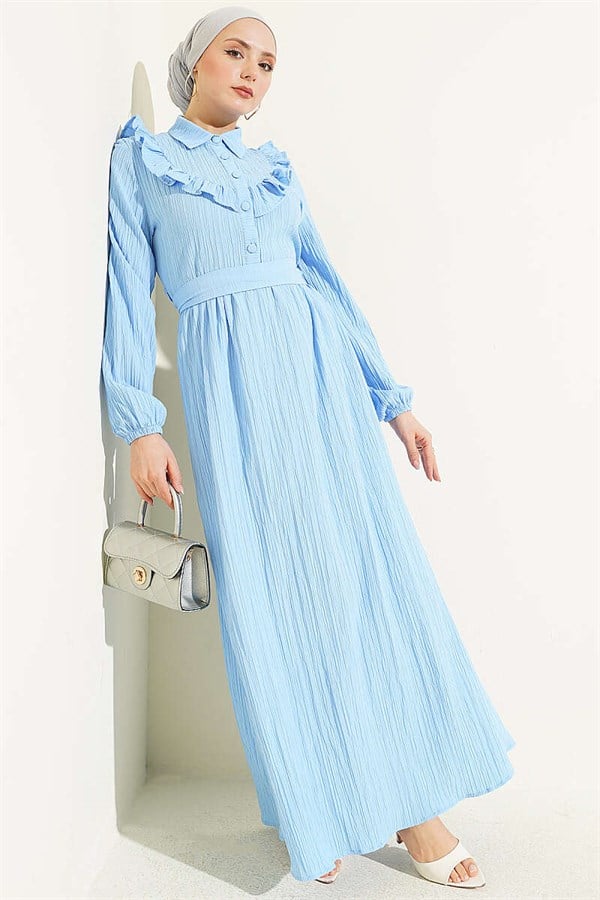 Half-Button Ruffled Crinkle Dress Baby Blue