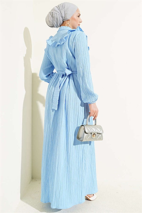 Half-Button Ruffled Crinkle Dress Baby Blue