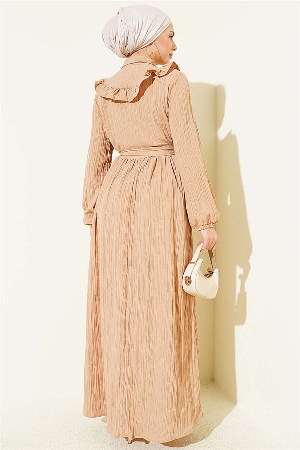 Half-Button Ruffled Crinkle Dress, Beige