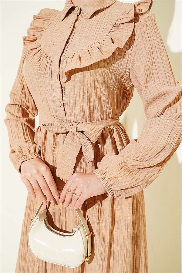Half-Button Ruffled Crinkle Dress, Beige