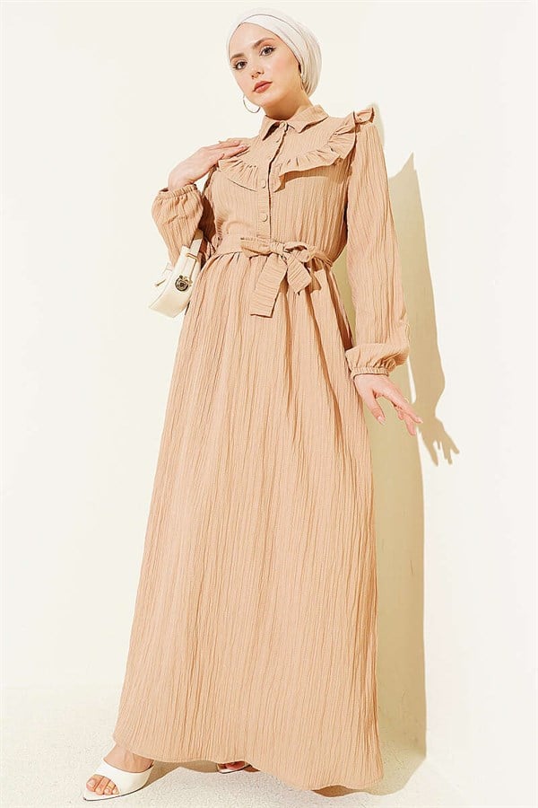 Half-Button Ruffled Crinkle Dress, Beige