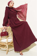 Half-Button Ruffled Crinkle Dress, Burgundy