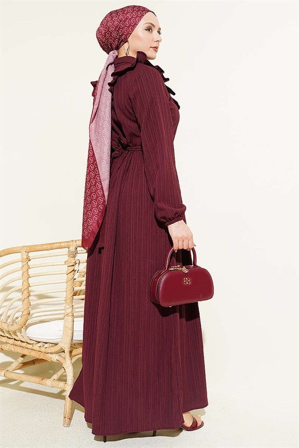Half-Button Ruffled Crinkle Dress, Burgundy