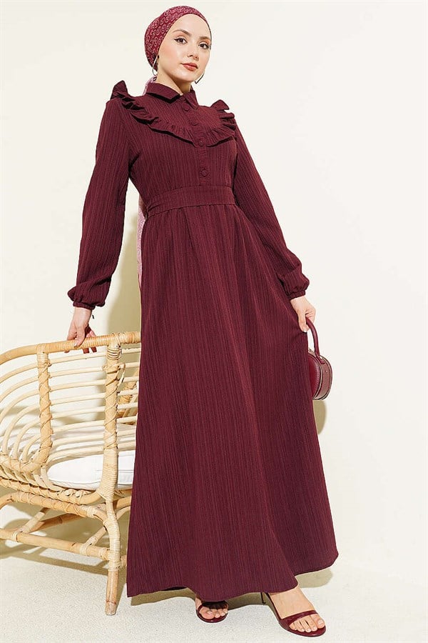 Half-Button Ruffled Crinkle Dress, Burgundy