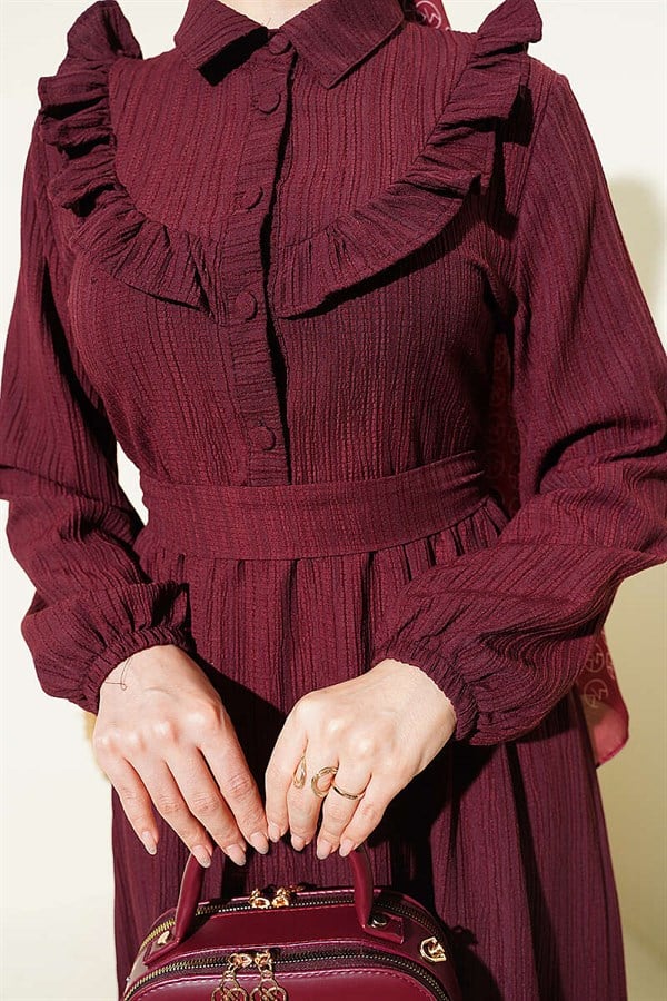 Half-Button Ruffled Crinkle Dress, Burgundy