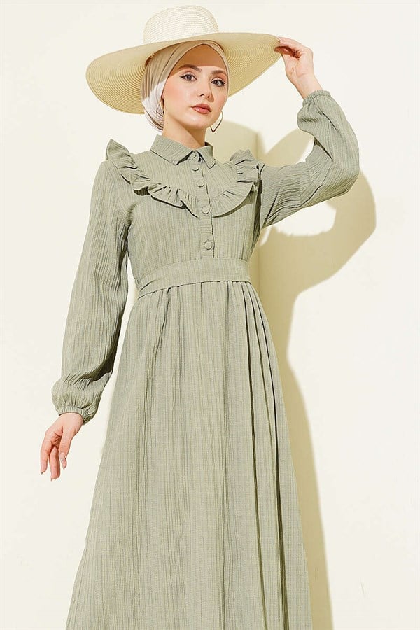 Half-Button Ruffled Crinkle Dress in Sage Green