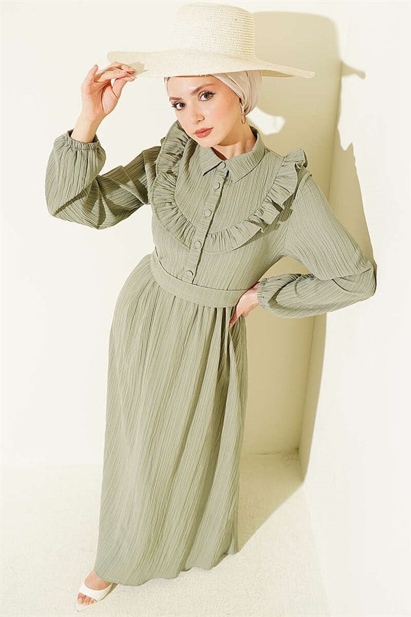 Half-Button Ruffled Crinkle Dress in Sage Green