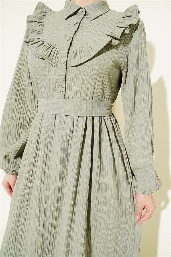 Half-Button Ruffled Crinkle Dress in Sage Green