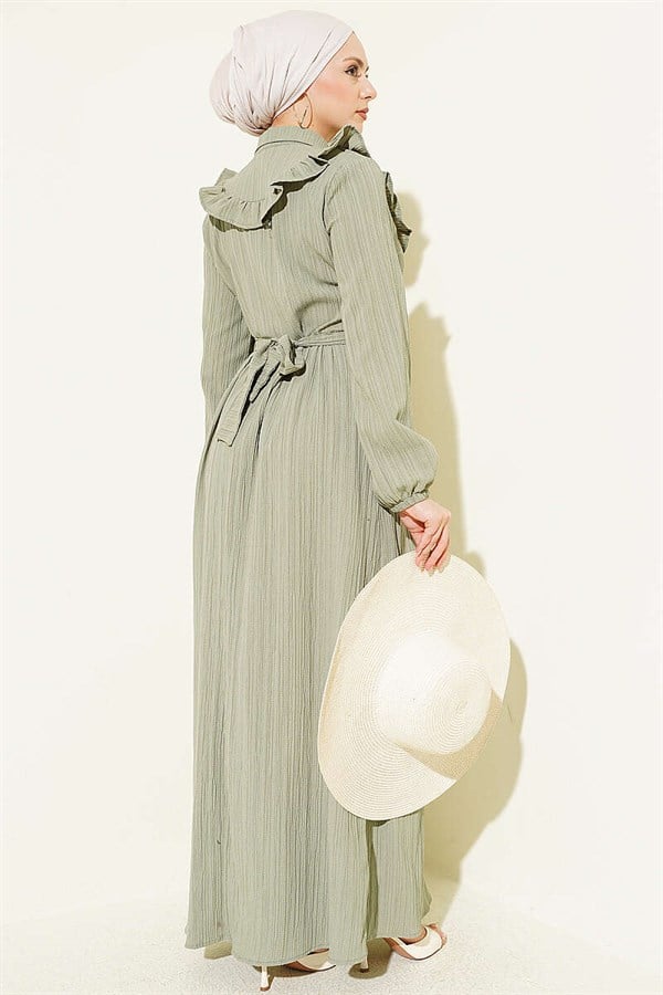 Half-Button Ruffled Crinkle Dress in Sage Green