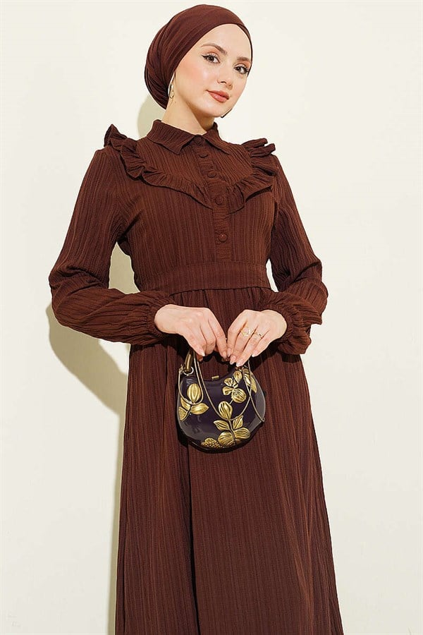 Half-Button Ruffled Crinkle Dress, Coffee