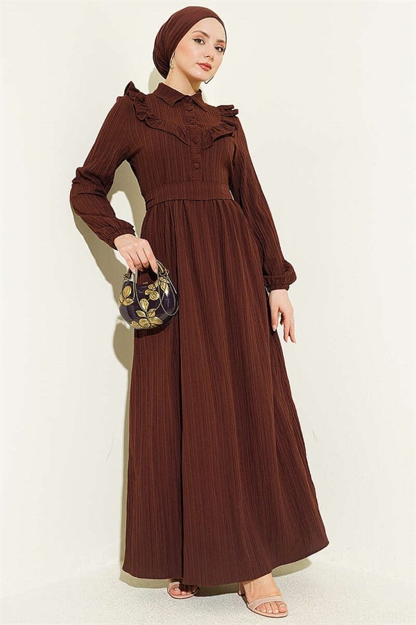 Half-Button Ruffled Crinkle Dress, Coffee